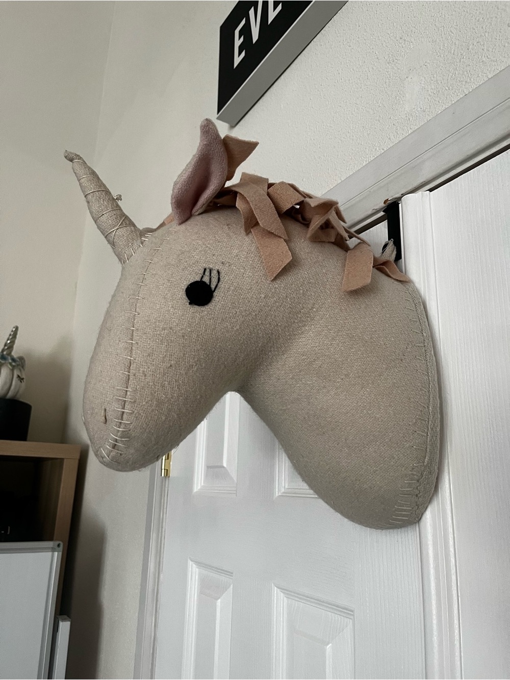 Plush Beige Unicorn Head Wall Accent for Kids